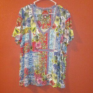 Johnny Was Woman XX Large Red Black Yellow Green Floral Short Sleeve Shirt